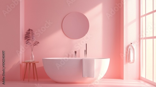 Minimalist pink bathroom with modern bathtub and soft lighting photo