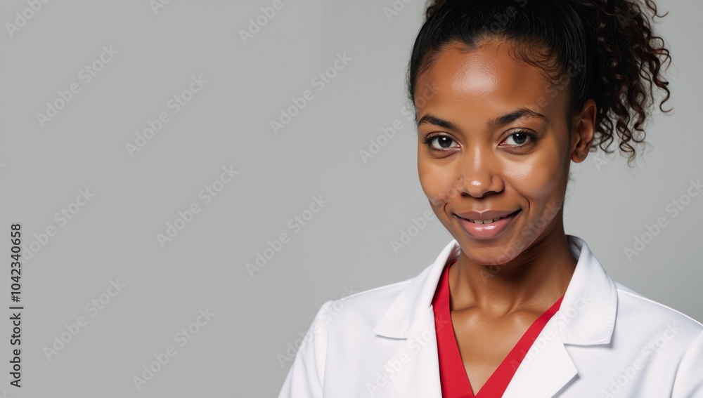 African-American female nurse facing the camera with a serious expression African-American female nurse facing the camera with a serious expression