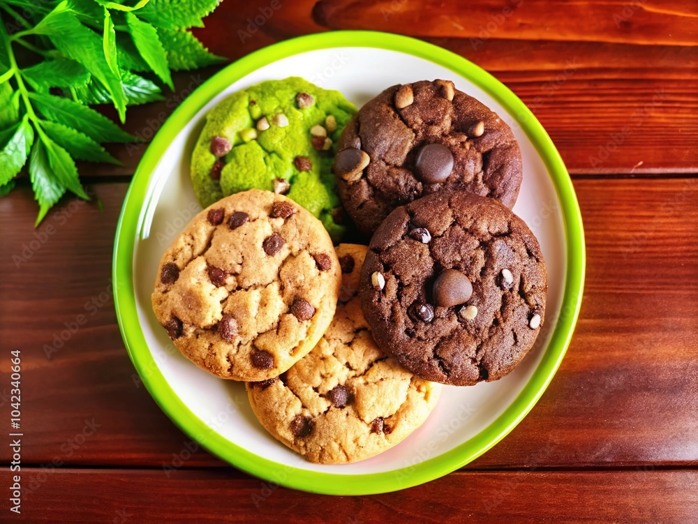 Fototapeta premium A delightful plate of assorted chocolate chip cookies placed on a rustic wooden table surrounded by greenery
