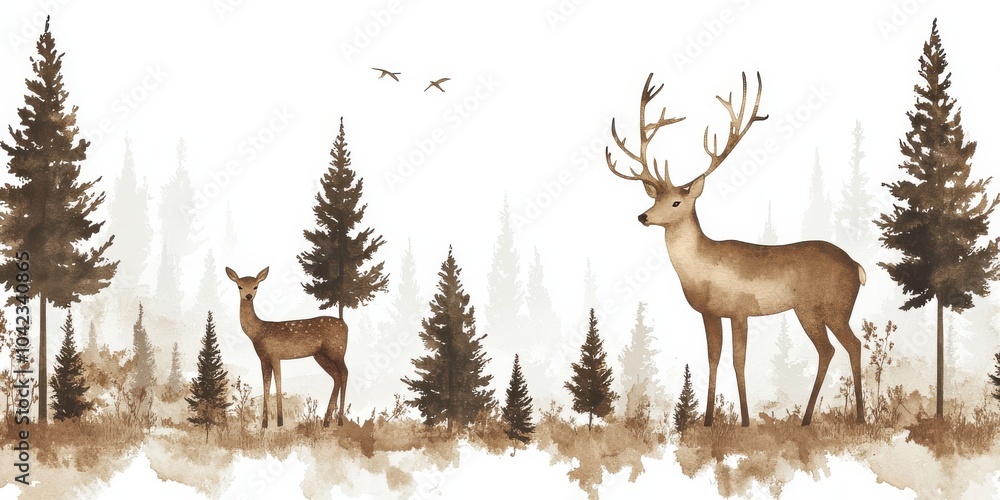 Seamless woodland pattern featuring deer and pine trees in a tranquil forest setting with birds flying in the background, creating a serene and peaceful atmosphere. Seamless woodland pattern featuring deer and pine trees in a tranquil forest setting with birds flying in the background, creating a serene and peaceful atmosphere.