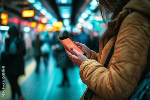 Wallpaper Mural A person in a yellow coat looks at their phone in a busy, brightly lit subway station filled with moving crowds. Torontodigital.ca