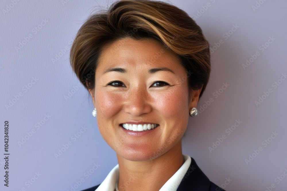 Dressed in a sharp blazer and exuding positivity, the subject offers a radiant smile that captivates attention, set against a soothing lavender background Dressed in a sharp blazer and exuding positivity, the subject offers a radiant smile that captivates attention, set against a soothing lavender background