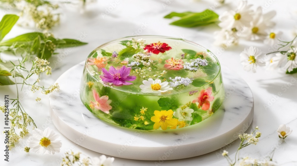 Elegant Floral Jelly Dessert on Marble Tray Surrounded by Wildflowers Elegant Floral Jelly Dessert on Marble Tray Surrounded by Wildflowers