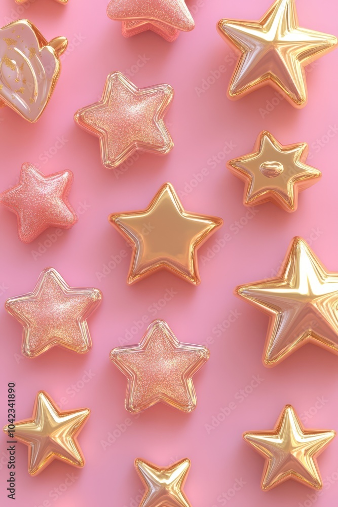 Obraz premium A set of small, gold star-shaped icons on pink background