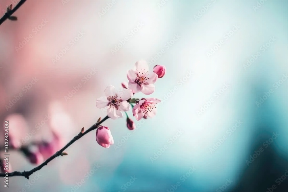 Gentle cherry blossoms adorn slender branches, creating a soft contrast against a hazy pastel sky, signaling the arrival of spring with their ethereal beauty Gentle cherry blossoms adorn slender branches, creating a soft contrast against a hazy pastel sky, signaling the arrival of spring with their ethereal beauty