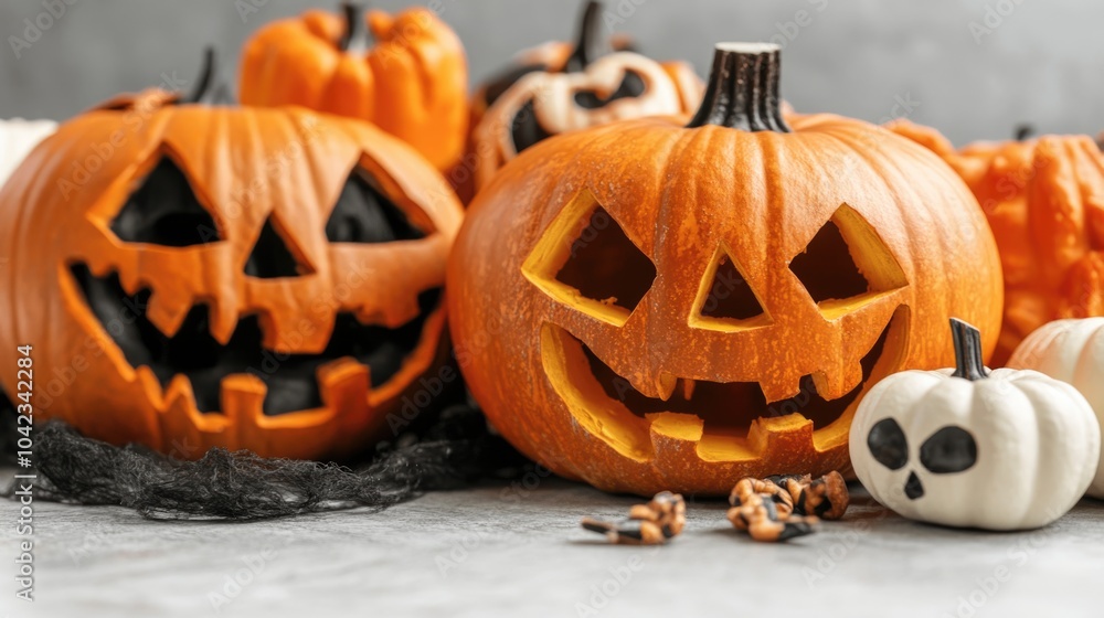Vibrant orange and white pumpkins sit together, each uniquely carved with expressive faces, creating a festive atmosphere for Halloween celebrations Vibrant orange and white pumpkins sit together, each uniquely carved with expressive faces, creating a festive atmosphere for Halloween celebrations
