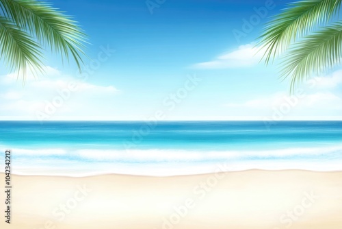 The shore offers a peaceful escape with soft sands, gentle waves lapping at the coastline, and palm leaves swaying in the warm summer breeze under a clear blue sky