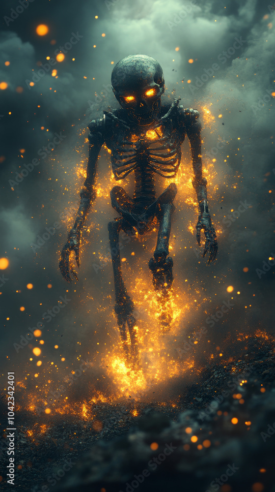 Fototapeta premium A skeleton piloting a massive mech, its bony fingers gripping the controls.