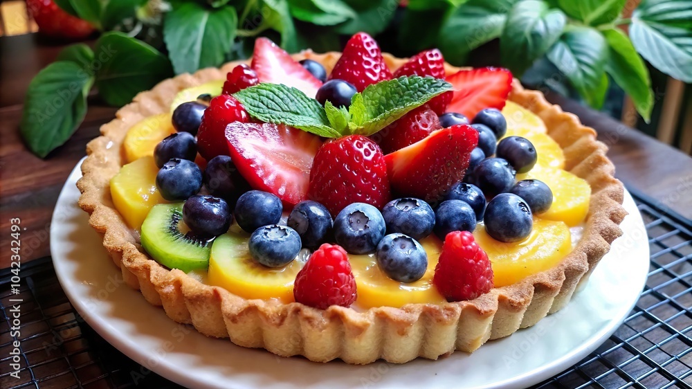 A vibrant fruit tart topped with fresh strawberries, blueberries, and kiwi on a wooden table surrounded by greenery A vibrant fruit tart topped with fresh strawberries, blueberries, and kiwi on a wooden table surrounded by greenery