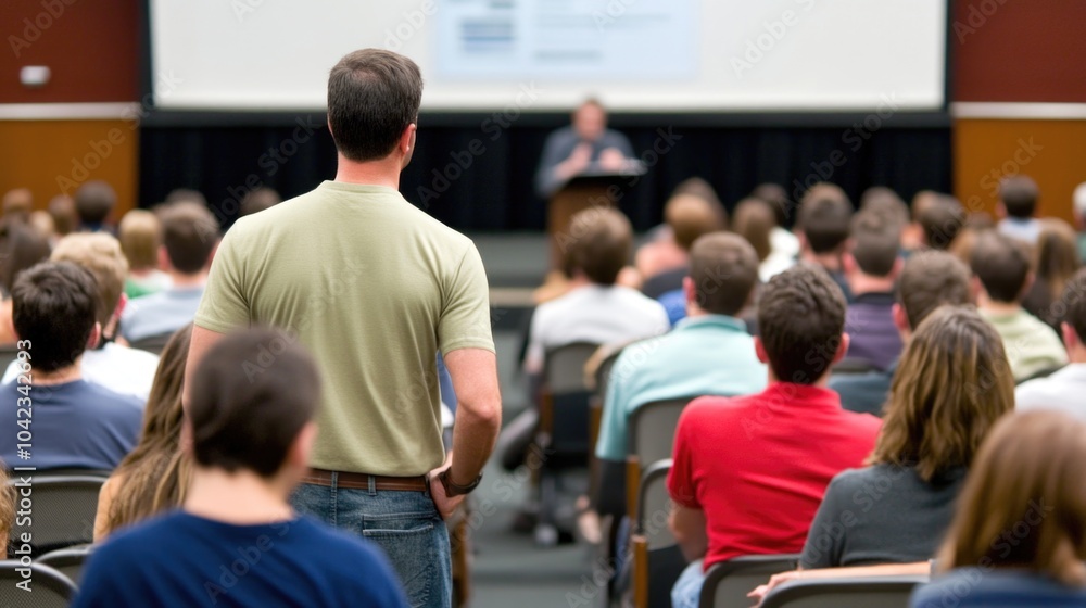 Obraz premium A captivated crowd attentively listens as the speaker engages them, creating an atmosphere of learning and curiosity in a vibrant university setting