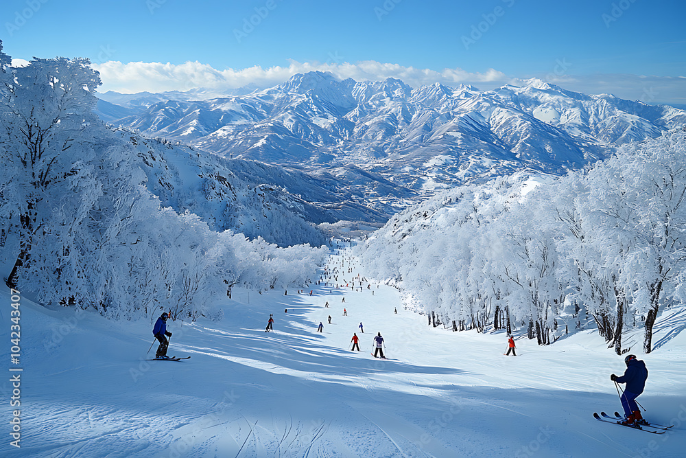 Skiers navigating down snowy mountain slopes, with stunning winter mountain views and a clear sky, enjoying an exciting day of skiing.
Skiers navigating down snowy mountain slopes, with stunning winter mountain views and a clear sky, enjoying an exciting day of skiing.