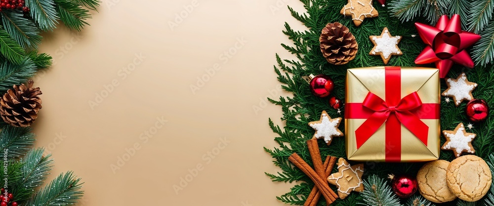 Festive Christmas Banner: A Composition Set Against a Light Gold Background Festive Christmas Banner: A Composition Set Against a Light Gold Background
