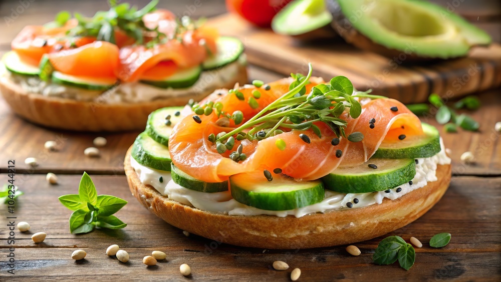 Delicious open faced bagel topped with cream cheese, smoked salmon, cucumber, and fresh herbs on a rustic wooden table Delicious open faced bagel topped with cream cheese, smoked salmon, cucumber, and fresh herbs on a rustic wooden table