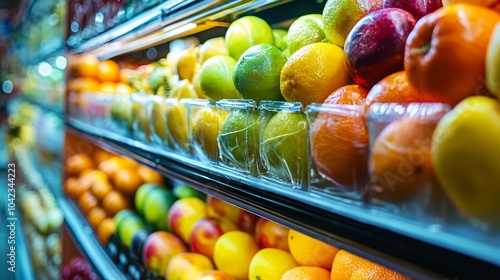 Colorful fresh fruits on display at supermarket photo