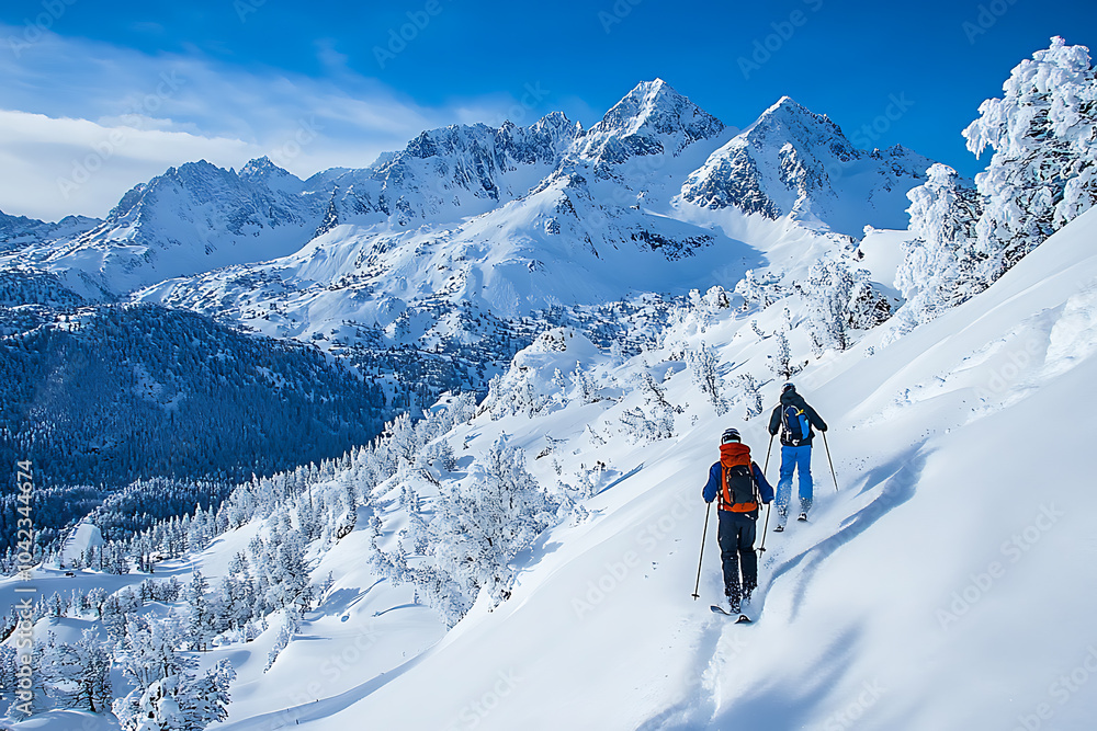 Skiers navigating down snowy mountain slopes, with stunning winter mountain views and a clear sky, enjoying an exciting day of skiing.
Skiers navigating down snowy mountain slopes, with stunning winter mountain views and a clear sky, enjoying an exciting day of skiing.