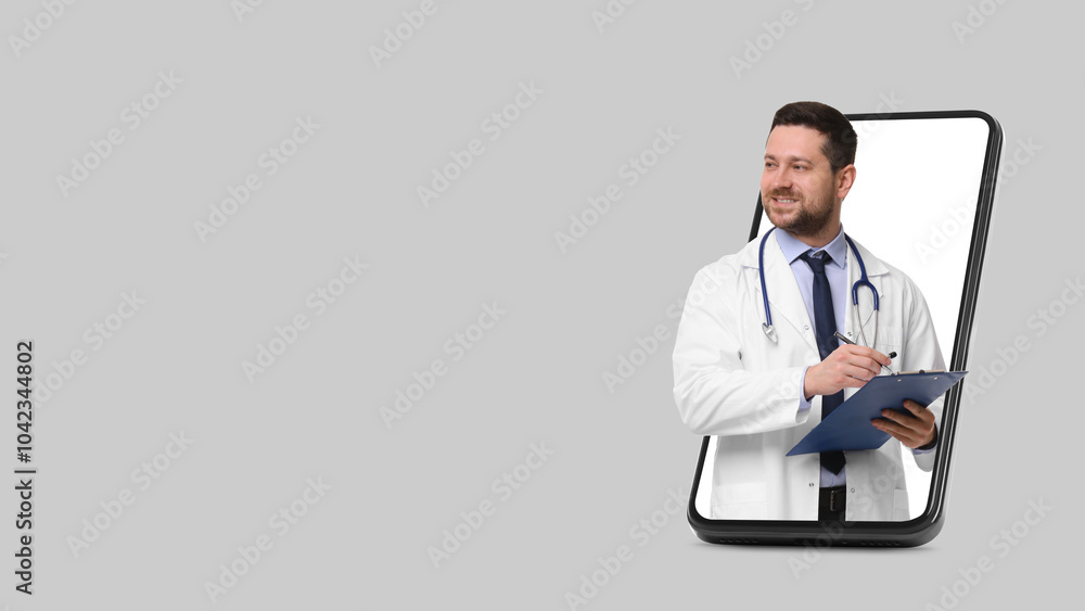 Online medical consultation. Doctor with clipboard on smartphone screen against light grey background. Banner design with space for text Online medical consultation. Doctor with clipboard on smartphone screen against light grey background. Banner design with space for text