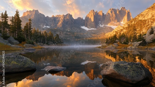 Tranquil Alpine Lake at Sunrise: Twisted Pines and Jagged Peaks Reflected in Mirror-Like Water, with Morning Mist and Glowing Snow-Capped Mountains. National Geographic Style Landscape. photo