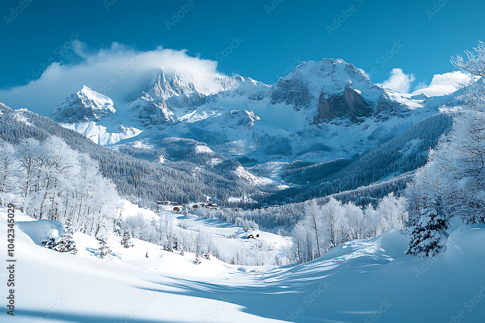 Obraz premium A stunning view of a snow-covered mountain range beneath a clear blue sky, with sunlight illuminating the peaks and showcasing the beauty of winter.