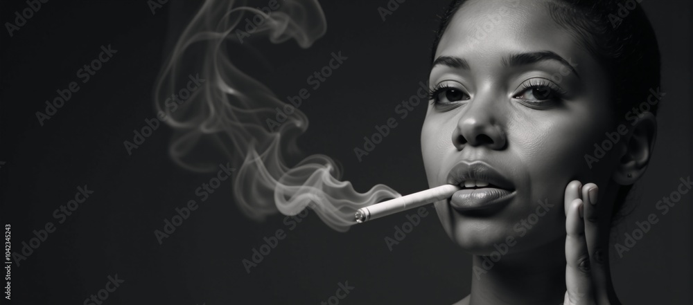 Fototapeta premium Image portrays a close-up portrait of an African American woman with focus on her face as she smokes during World No Tobacco Day