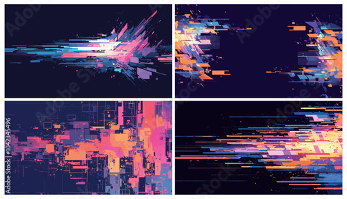 Abstract glitch background set. Digital static pixel pattern backdrop, video data noise cyberpunk screen vector illustration