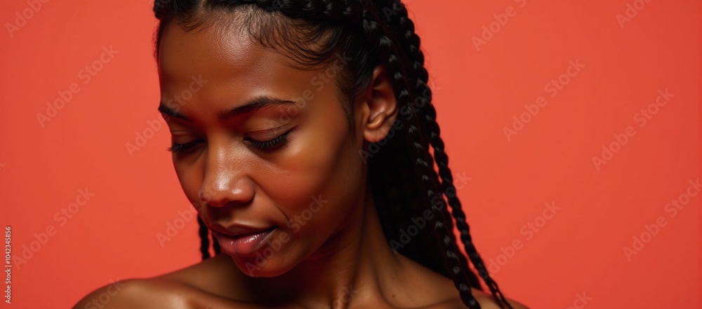 Close-up portrait of a radiant Black woman with long braids in a vibrant coral backdrop eyes closed gazing downwards Close-up portrait of a radiant Black woman with long braids in a vibrant coral backdrop eyes closed gazing downwards