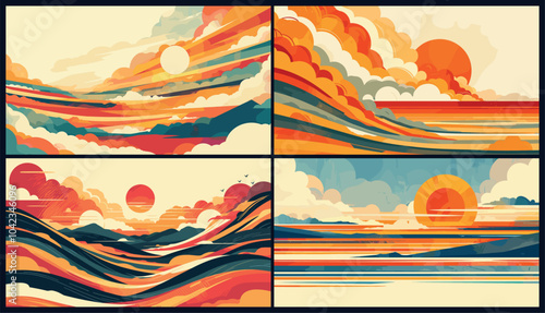 Abstract sunset set. Colorful sky with sun and clouds poster, psychedelic sea sunrise landscape vector illustration