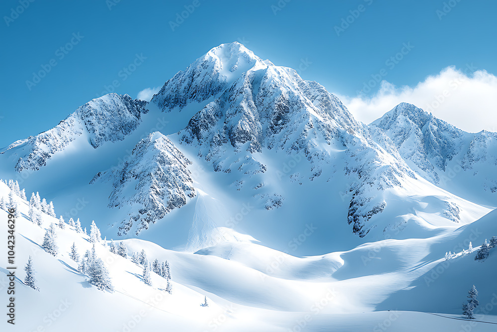 Obraz premium A stunning view of a snow-covered mountain range beneath a clear blue sky, with sunlight illuminating the peaks and showcasing the beauty of winter.