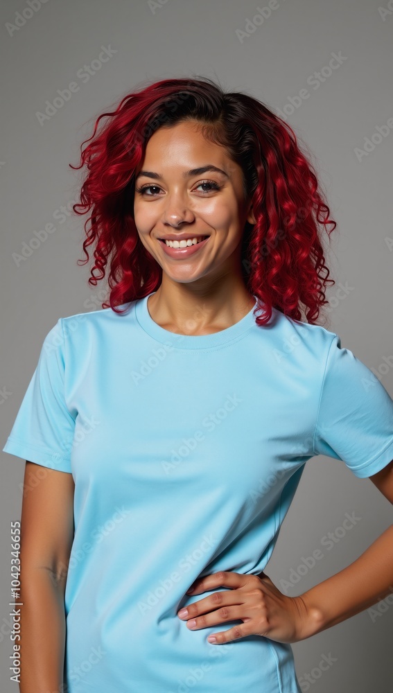 A confident young black woman with curly red hair wears a light blue tee against a gray background A confident young black woman with curly red hair wears a light blue tee against a gray background