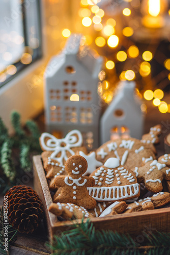 Traditional holiday homemade gingerbread cookies in a vintage wooden box. Craft paper with Christmas word on it. Festive mood, cozy home atmosphere, handmade toys, fir tree branches, fairy lights