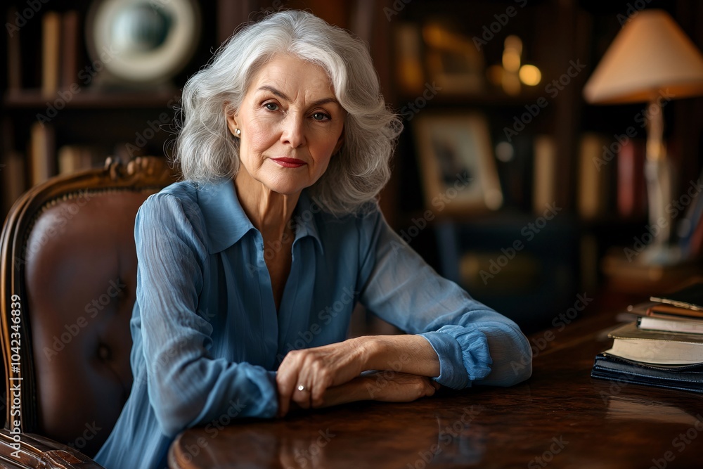 Obraz premium Elderly woman with grey hair, wearing a blue blouse, sitting at a classic wooden desk, traditional office, thoughtful look, front view 2