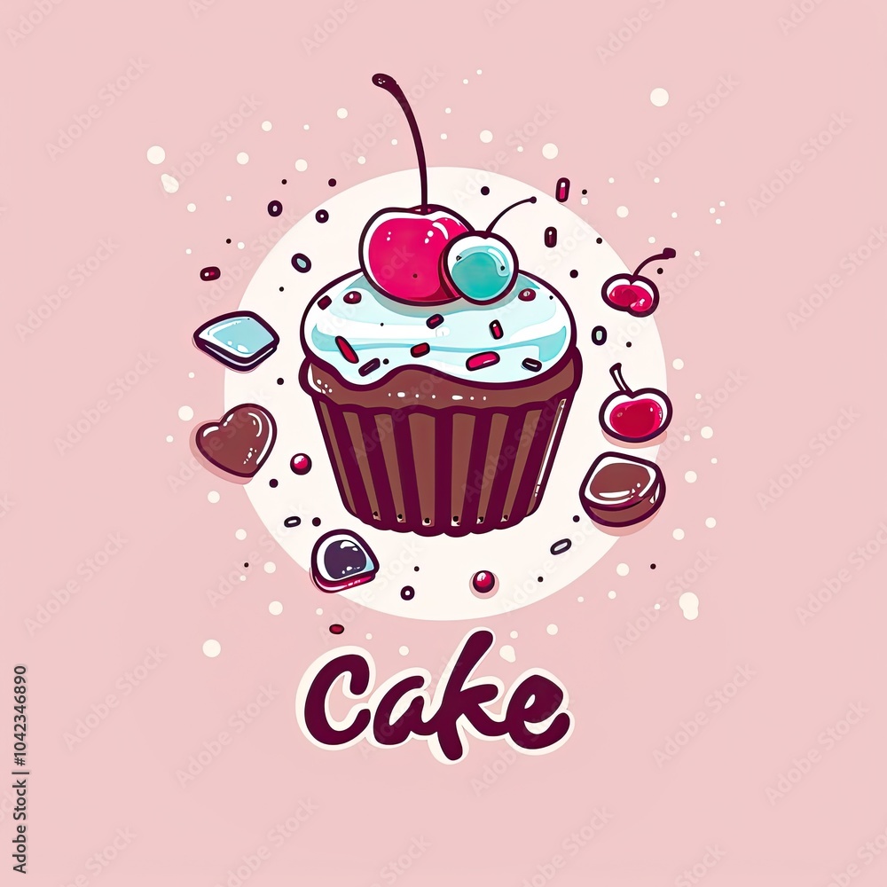 Colorful cupcake illustration with cherries and sweets on a pink background in a playful artistic style Colorful cupcake illustration with cherries and sweets on a pink background in a playful artistic style