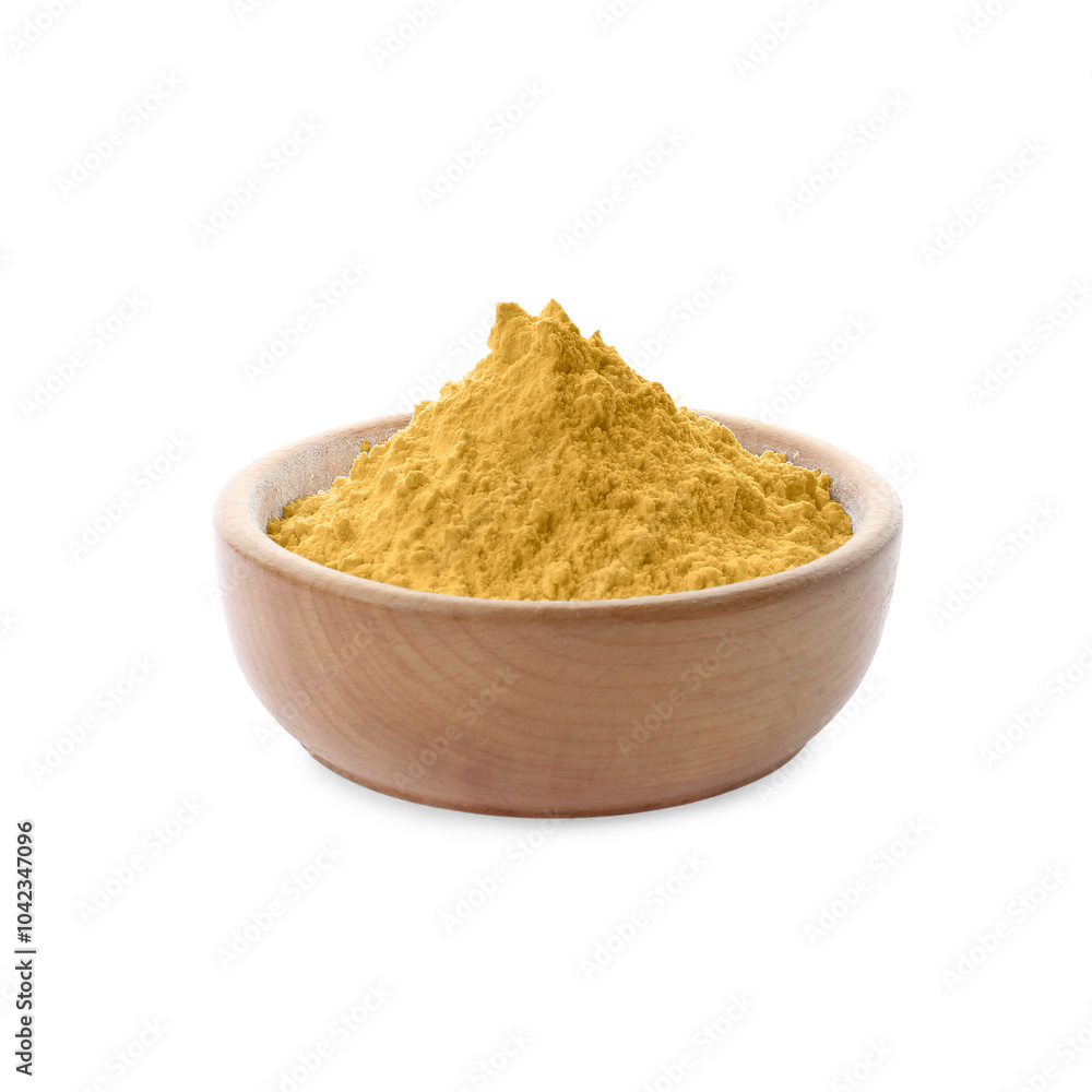 Hemp protein powder in bowl on white background Hemp protein powder in bowl on white background