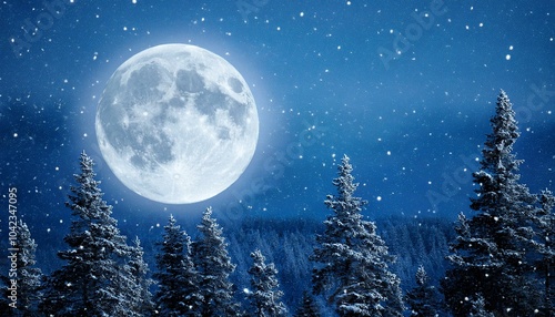 A full moon on a snowy night, forest of evergreen trees