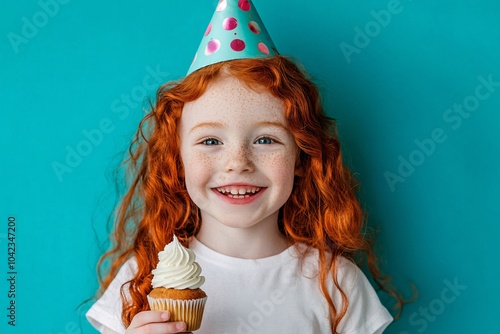 Child with red hair, wearing a birthday hat, holding a cupcake, smiling, turquoise background, front view 2 photo