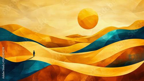 Lone figure walking through a colorful abstract desert landscape under a bright sun