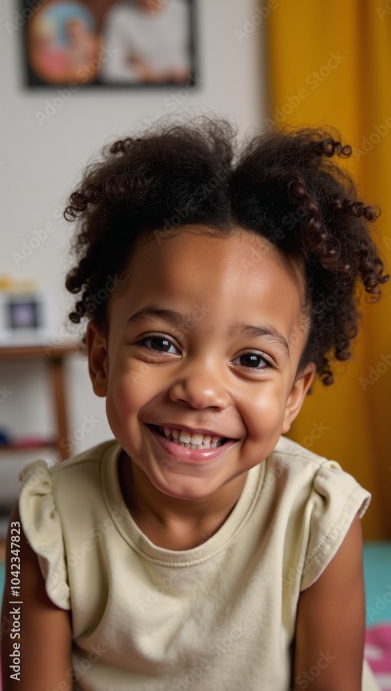A black dark-skinned African American girl with a happy smile is captured in an adorable portrait while relaxing at home A black dark-skinned African American girl with a happy smile is captured in an adorable portrait while relaxing at home