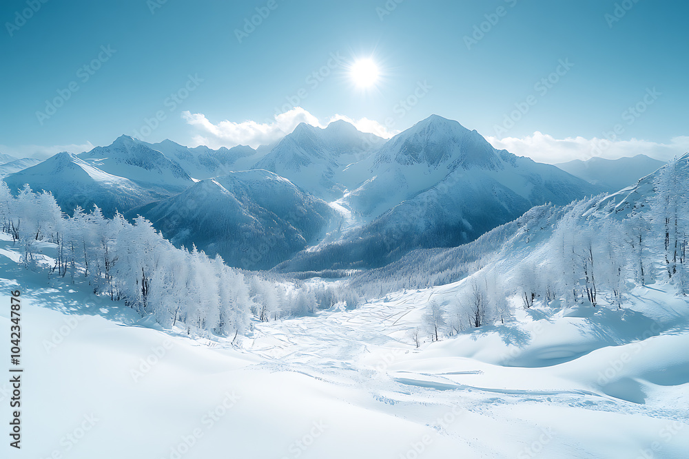 A stunning view of a snow-covered mountain range beneath a clear blue sky, with sunlight illuminating the peaks and showcasing the beauty of winter.
A stunning view of a snow-covered mountain range beneath a clear blue sky, with sunlight illuminating the peaks and showcasing the beauty of winter.