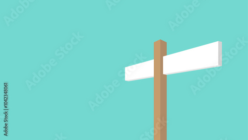 A wooden signpost with two blank white directional signs on a green background