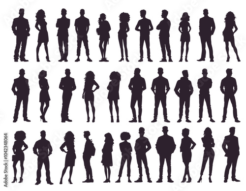 Business people black silhouettes set. Casual men and women standing full length, office workers vector illustration