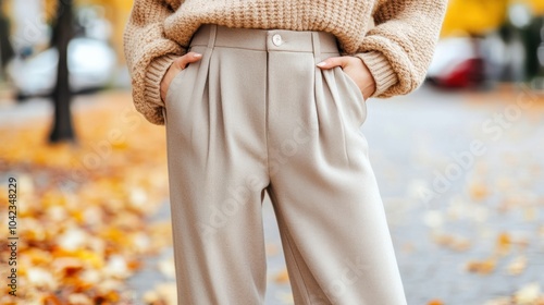 Cozy autumn fashion with beige trousers and a knitted sweater, AI photo