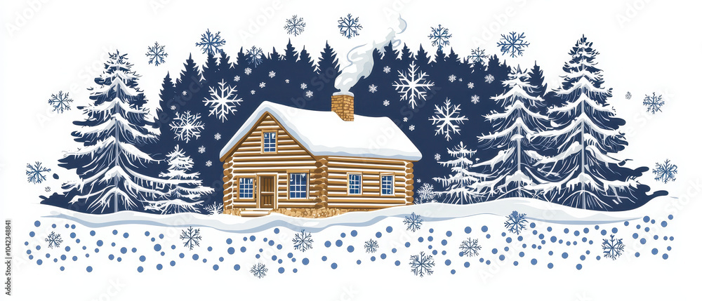 A cozy log cabin surrounded by snowy trees, creating a serene winter landscape filled with falling snowflakes. A cozy log cabin surrounded by snowy trees, creating a serene winter landscape filled with falling snowflakes.