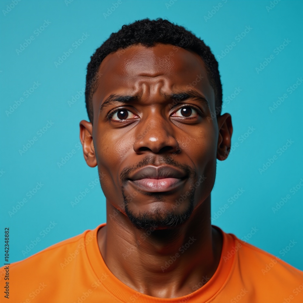 Portrait of puzzled African American man in orange top set against vibrant blue backdrop Portrait of puzzled African American man in orange top set against vibrant blue backdrop