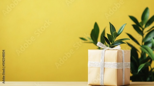 Minimalist gift box with green leaves against yellow background photo