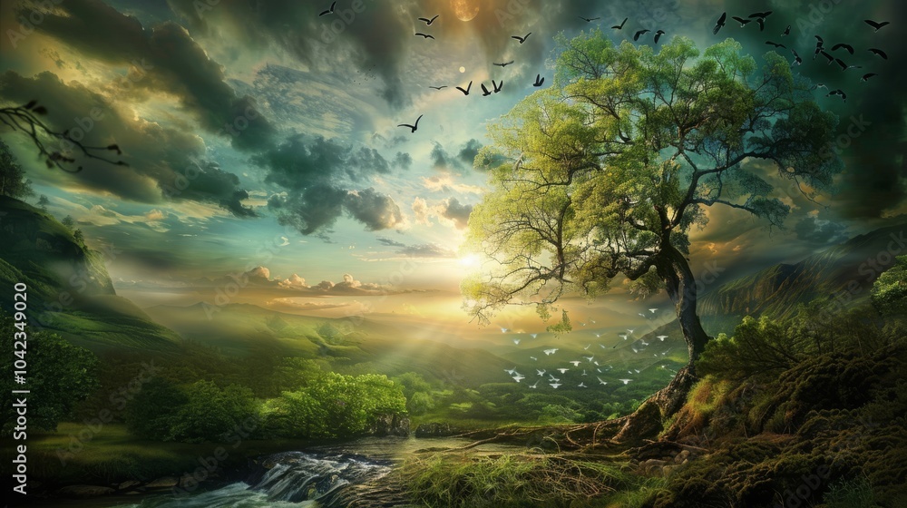 A majestic tree stands tall against a stunning sunset sky, surrounded by a tranquil valley and a cascading stream. A majestic tree stands tall against a stunning sunset sky, surrounded by a tranquil valley and a cascading stream.
