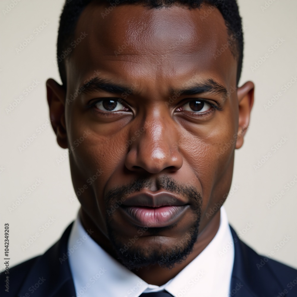 Close-up portrait of an African American man with striking blue eyes and an intense gaze Close-up portrait of an African American man with striking blue eyes and an intense gaze