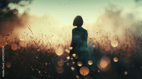 A lone figure stands in a field of tall grass, silhouetted against a golden sunset. The image evokes a sense of peace and solitude.