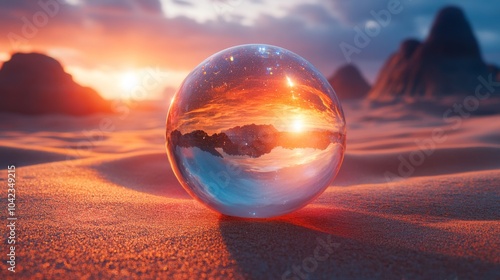 A crystal sphere captures the colors of a stunning sunset, surrounded by soft desert dunes and distant rocky formations, creating a serene atmosphere.