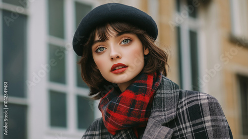 Wool beret, matched with a double-breasted coat and plaid scarf for a Parisian vibe