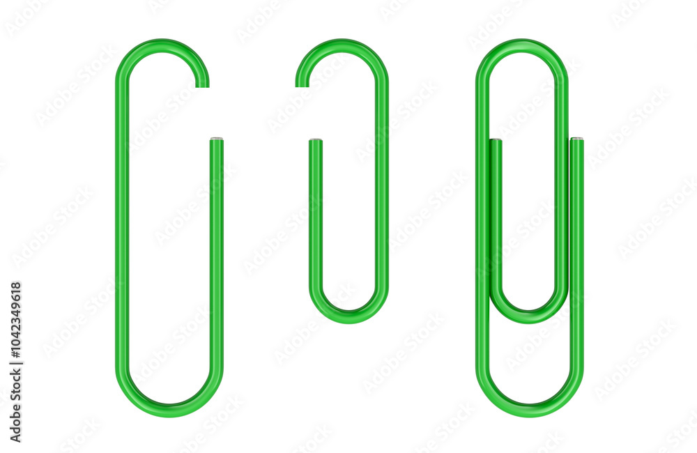 Green Paper Clips with PVC Coated on the sheet, 3D rendering isolated on transparent background Green Paper Clips with PVC Coated on the sheet, 3D rendering isolated on transparent background