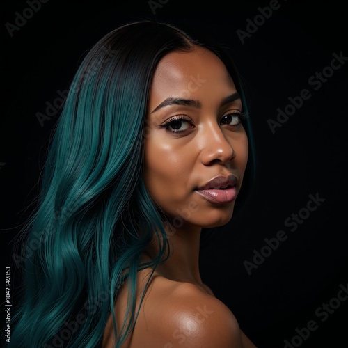 A close-up portrait featuring an Afro woman with tealsapphire hair against a black backdrop highlighted by professional light and makeup techniques photo